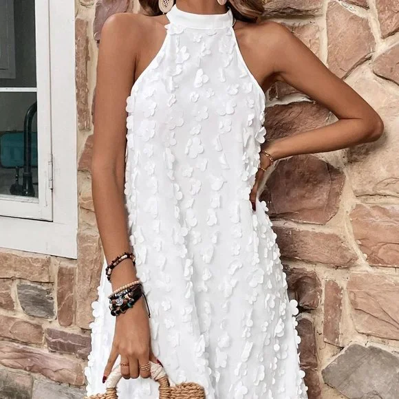 White Boho Womens Appliques Detail Halter Neck Dress - Picture 1 of 5